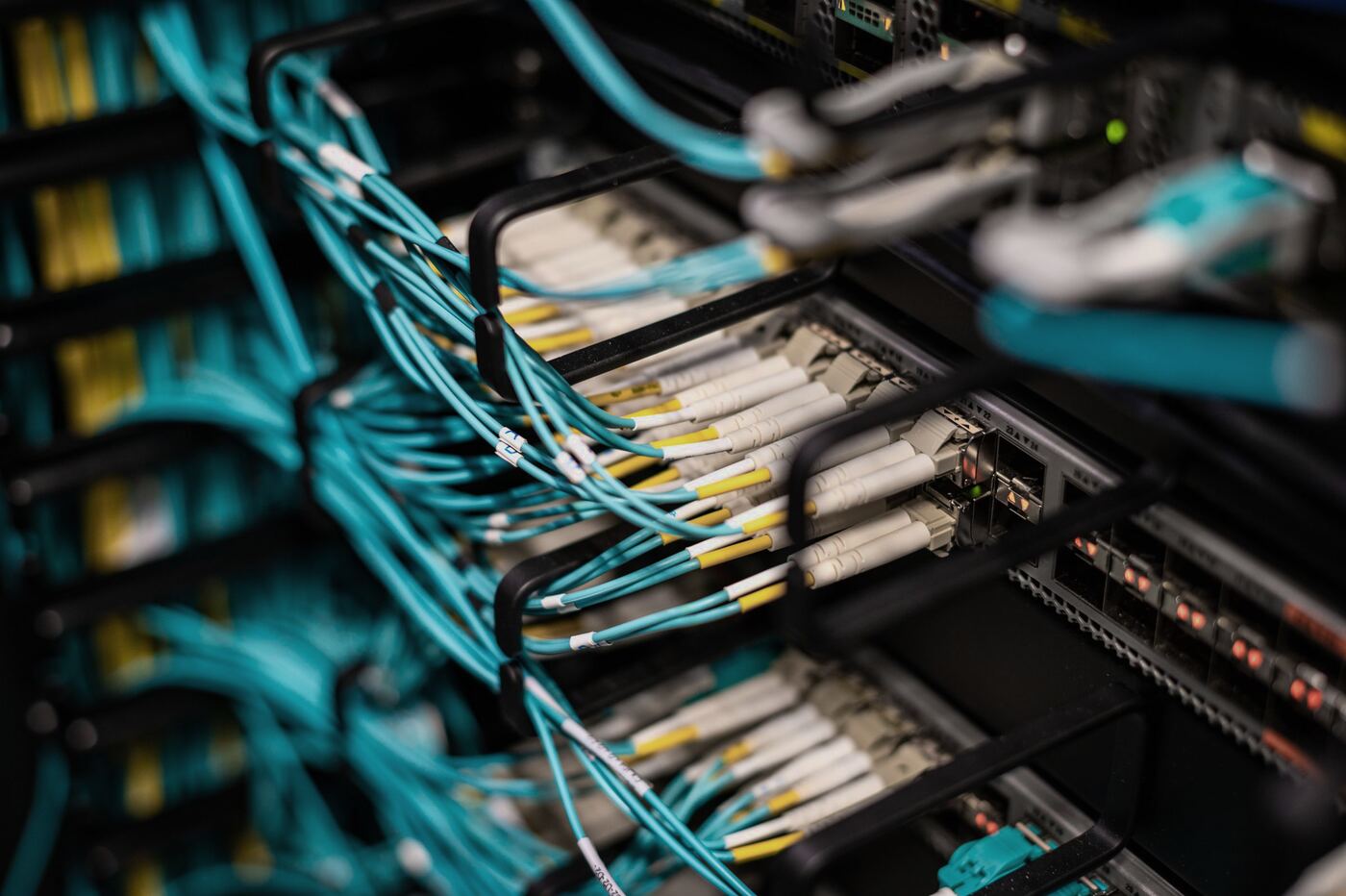 Close-up of network cables connected to data centre equipment
